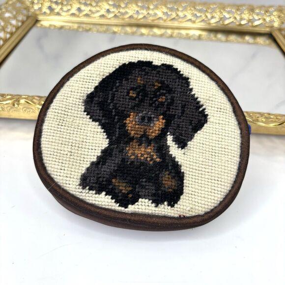 Needlepoint Dachshund Coin Purse Doxie Weiner Dog Bag Motif novelty Blue Black - Picture 1 of 11